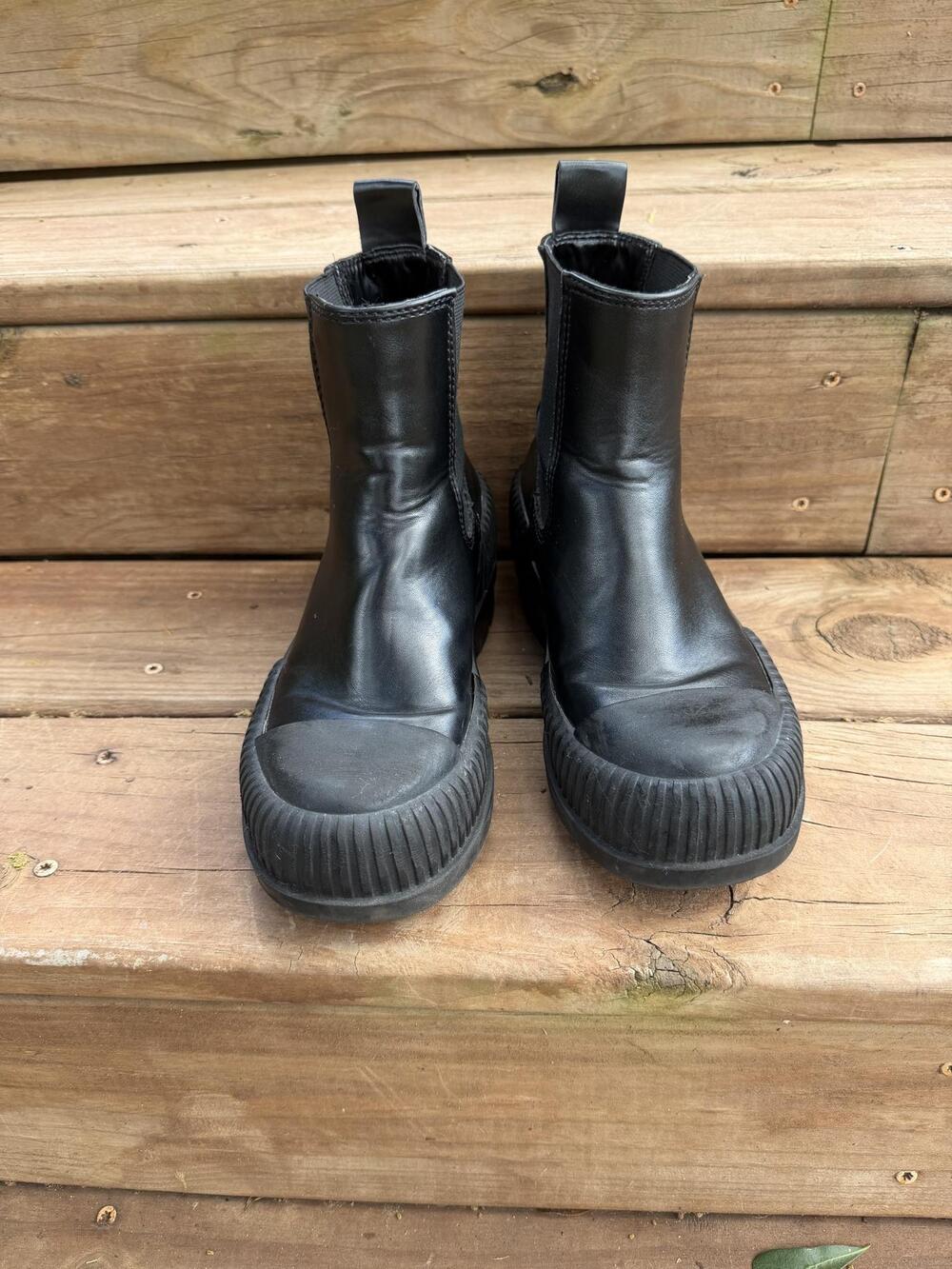 Womens Chelsea Boots 6 Y2K Black Leather Ankle Rubber Platform Chunky Sole
